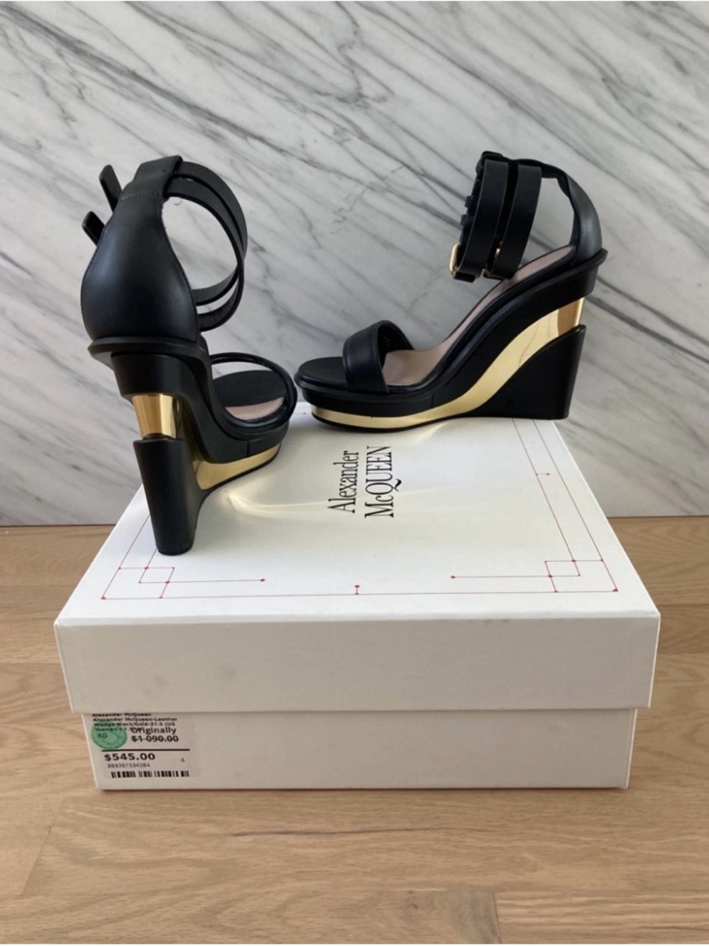 Alexander McQueen Black Leather Ankle-Strap Wedge Sandals with Gold Accent - Picture 2 of 2